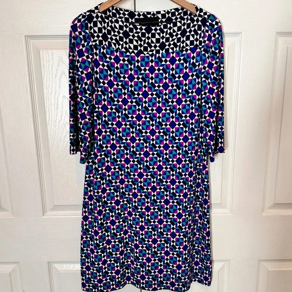 Donna Morgan Dress Womens 10 Blue Purple Boat Neck Stretch Geometric 3/4 Sleeve‎